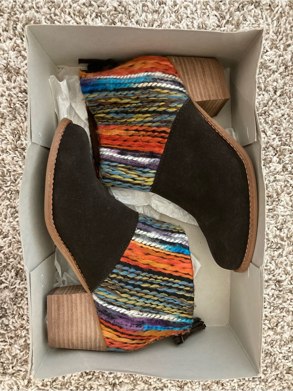 Toms Black Suede Ankle Booties with Multicolor Knit Panels